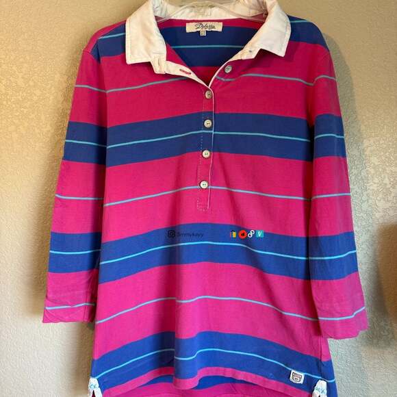 Dubarry Striped Long Sleeve Polo Shirt Pink Blue White Size 38/12 - Picture 1 of 9
